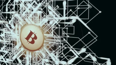 Stylized representation of a Bitcoin coin centered amidst a network resembling a Stock Footage 333449762