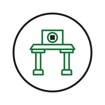 Stylized representation of a simplistic desk setup within a circular frame .. Stock Illustration