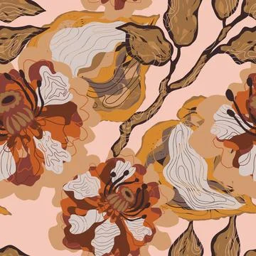Stylized retro layered flowers. Vector seamless overlapping pattern. Fantasy Stock Illustration