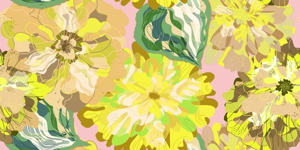 Stylized retro layered flowers. Vector seamless overlapping pattern. Fantasy Illustrazione stock