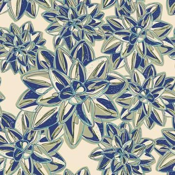 Stylized retro layered succulents. Vector seamless overlapping pattern. Fanta Stock Illustration