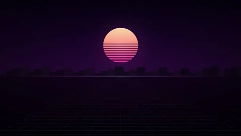 A stylized retro neon landscape featuring a glowing sunset over a dark digi.. Stock Footage 346723392