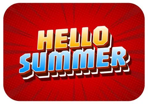 Stylized retro pop art text hello summer in bold 3d letters on a red backgrou Stock Illustration