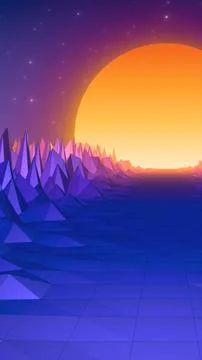 Stylized retro sunset landscape with polygonal mountains and a glowing sun .. Illustrazione stock