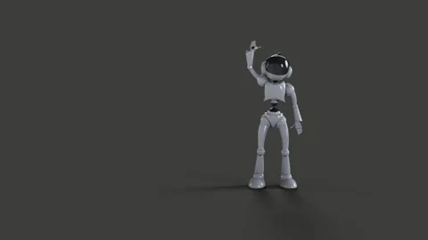 A stylized robot makes a greeting gesture, waving to the audience Stock Footage 254469249