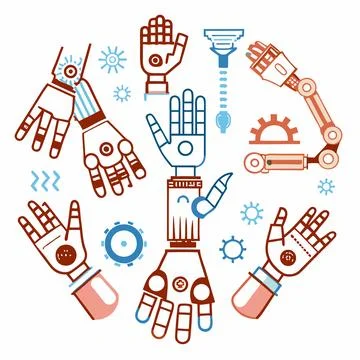 Stylized Robotic Hands Grasping Objects. Futuristic Vector Design for Tech,.. Stock Illustration