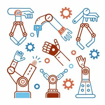 Stylized Robotic Hands Grasping Objects. Futuristic Vector Design for Tech,.. Stock Illustration