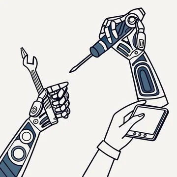 Stylized Robotic Hands Grasping Objects. Futuristic Vector Design for Tech,.. Stock Illustration