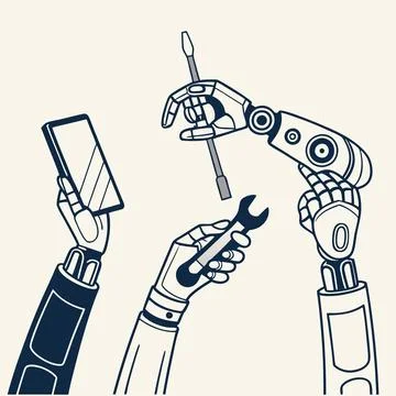 Stylized Robotic Hands Grasping Objects. Futuristic Vector Design for Tech,.. Stock Illustration
