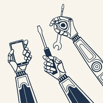 Stylized Robotic Hands Grasping Objects. Futuristic Vector Design for Tech,.. Stock Illustration