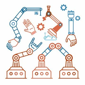 Stylized Robotic Hands Grasping Objects. Futuristic Vector Design for Tech,.. Stock Illustration