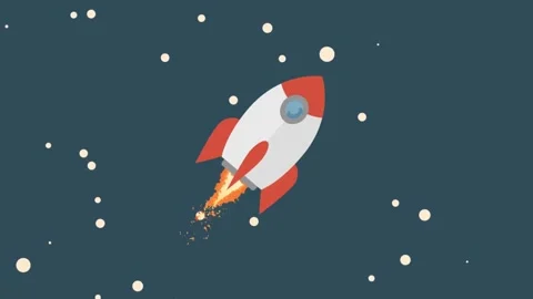 A stylized rocket ship ascending through a dark blue space with small light.. Stock Footage 297533906