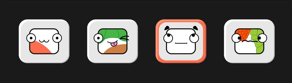 Stylized rolls with faces; funny, cute emoji rolls, sushi, uramaki, makizushi Stock Illustration
