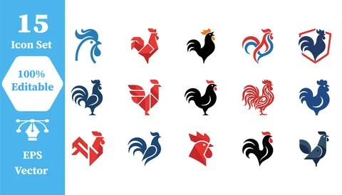 Stylized rooster icon vector set with farm animal bird icon illustration Stock Illustration