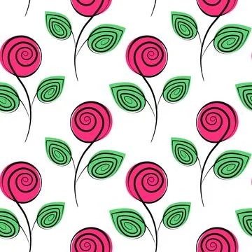 Stylized rose on stem with leaves Seamless Pattern in trendy marker green and Illustrazione stock