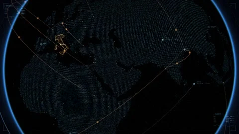 Stylized rotating digital Planet Earth zooming in to Italy map with glowing Stock Footage 344914960