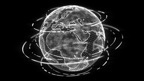 Stylized rotating tech white planet earth model surrounded by white circular orb Video stock 117247911