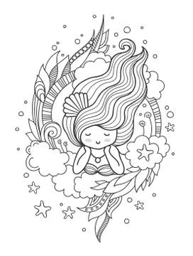Stylized round composition with cute dreamy girl. Stock Illustration