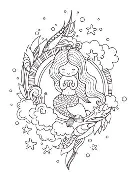 Stylized round composition with cute little mermaid, sitting on a rock. Stock Illustration