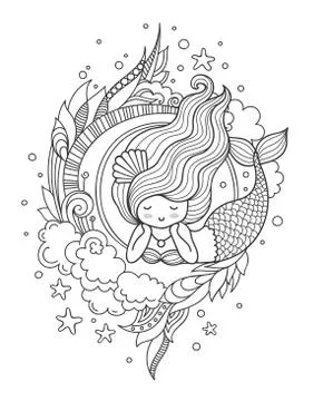 Stylized round composition with dreamy lying mermaid. Stock Illustration