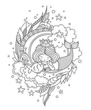 Stylized round composition with dreamy lying mermaid. Stock Illustration