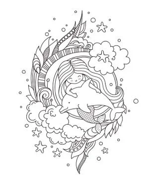 Stylized round composition with mermaid, floating with dolphin. Stock Illustration