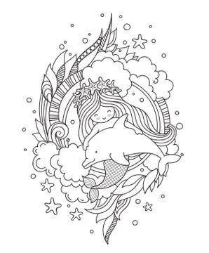 Stylized round composition with mermaid, hugging dolphin. Stock Illustration
