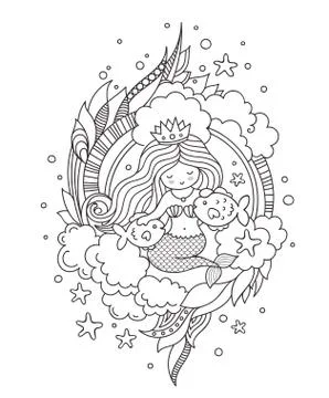 Stylized round composition with mermaid. Stock Illustration