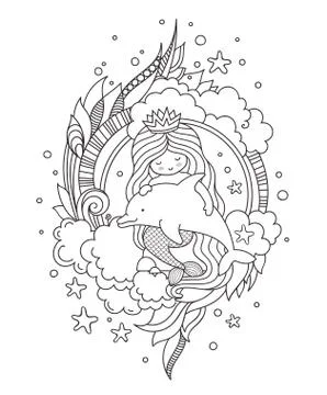 Stylized round composition with mermaid, sitting on a rock, holding fish. Stock Illustration