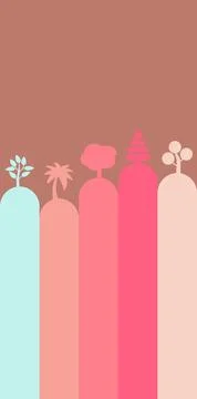 Stylized row of diverse trees in pastel colors on a muted background Stock Illustration