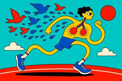Stylized Runner with Birds and Sun Stock Illustration