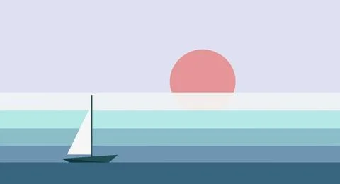 Stylized sailboat sailing on a flat ocean with pale pink sun setting against  Stock Illustration