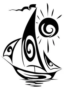 Stylized sailing ship in black lines against the background of the stylized s Stock Illustration
