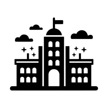 Stylized School Building Icon with Clouds and Stars Stock Illustration