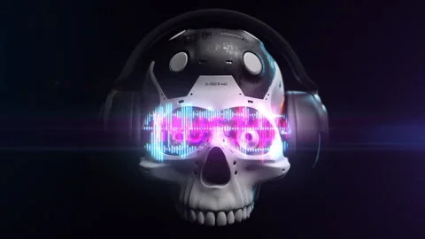 Stylized sci-fi human skull in augmented reality glasses with dynamic animati Stock Footage 240338478