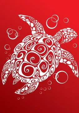 Stylized sea turtle on a red background, vector illustration, Stock Illustration