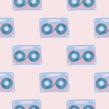 Stylized seamless doodle pattern with cassette elements. Blue music ornament  Illustrazione stock