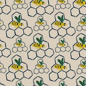 Stylized seamless pattern with bees and honeycombs ornament. Yellow, black an Stock Illustration
