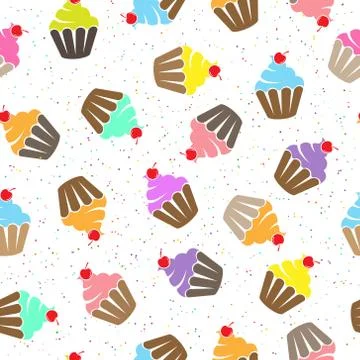 Stylized seamless pattern with muffin and cherry for textiles, packaging and Stock Illustration