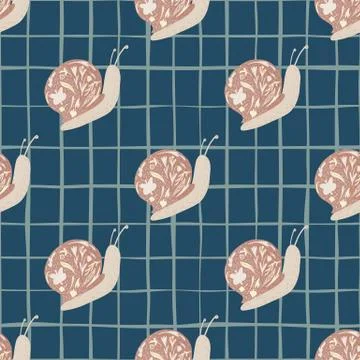 Stylized seamless pattern with simple hand drawn snails ornament. Navy blue b Illustrazione stock