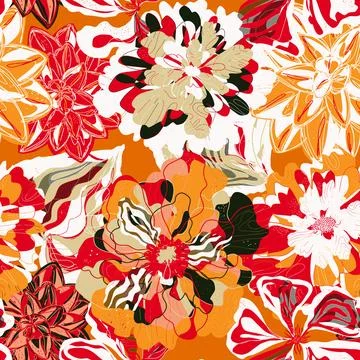 Stylized seamless pattern with tropical flowers and leaves. Rich texture and  Illustration