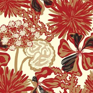 Stylized seamless pattern with tropical flowers and leaves. Rich texture and  Illustration