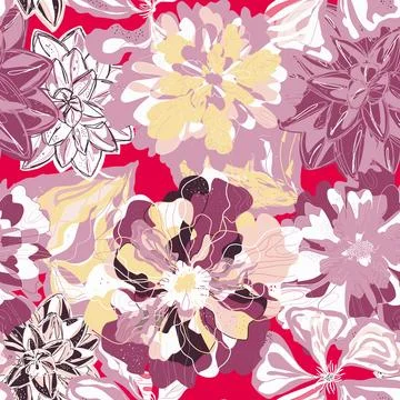 Stylized seamless pattern with tropical flowers and leaves. Rich texture and  Stock-Illustration