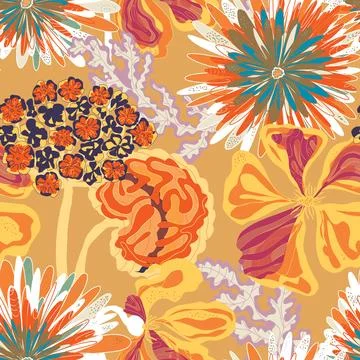 Stylized seamless pattern with tropical flowers and leaves. Rich texture and  库存插图