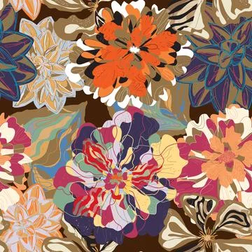 Stylized seamless pattern with tropical flowers and leaves. Rich texture and  Stock Illustration