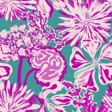 Stylized seamless pattern with tropical flowers and leaves. Rich texture and  Stock-Illustration