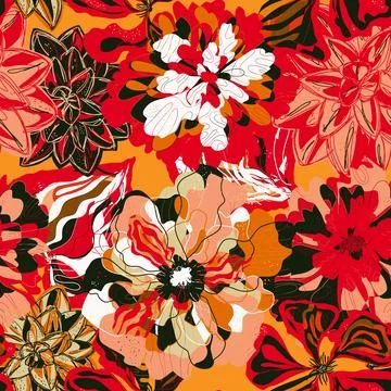 Stylized seamless pattern with tropical flowers and leaves. Rich texture and  イラスト素材