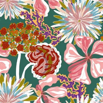 Stylized seamless pattern with tropical flowers and leaves. Rich texture and  イラスト素材