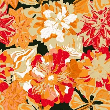 Stylized seamless pattern with tropical flowers and leaves. Rich texture and  스톡 일러스트