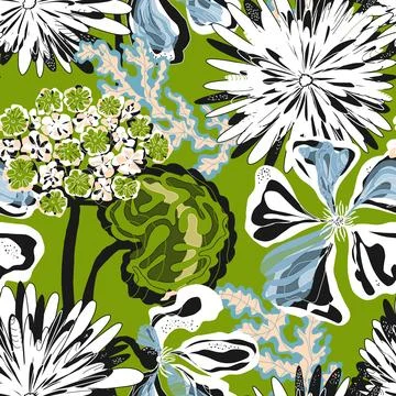 Stylized seamless pattern with tropical flowers and leaves. Rich texture and  스톡 일러스트
